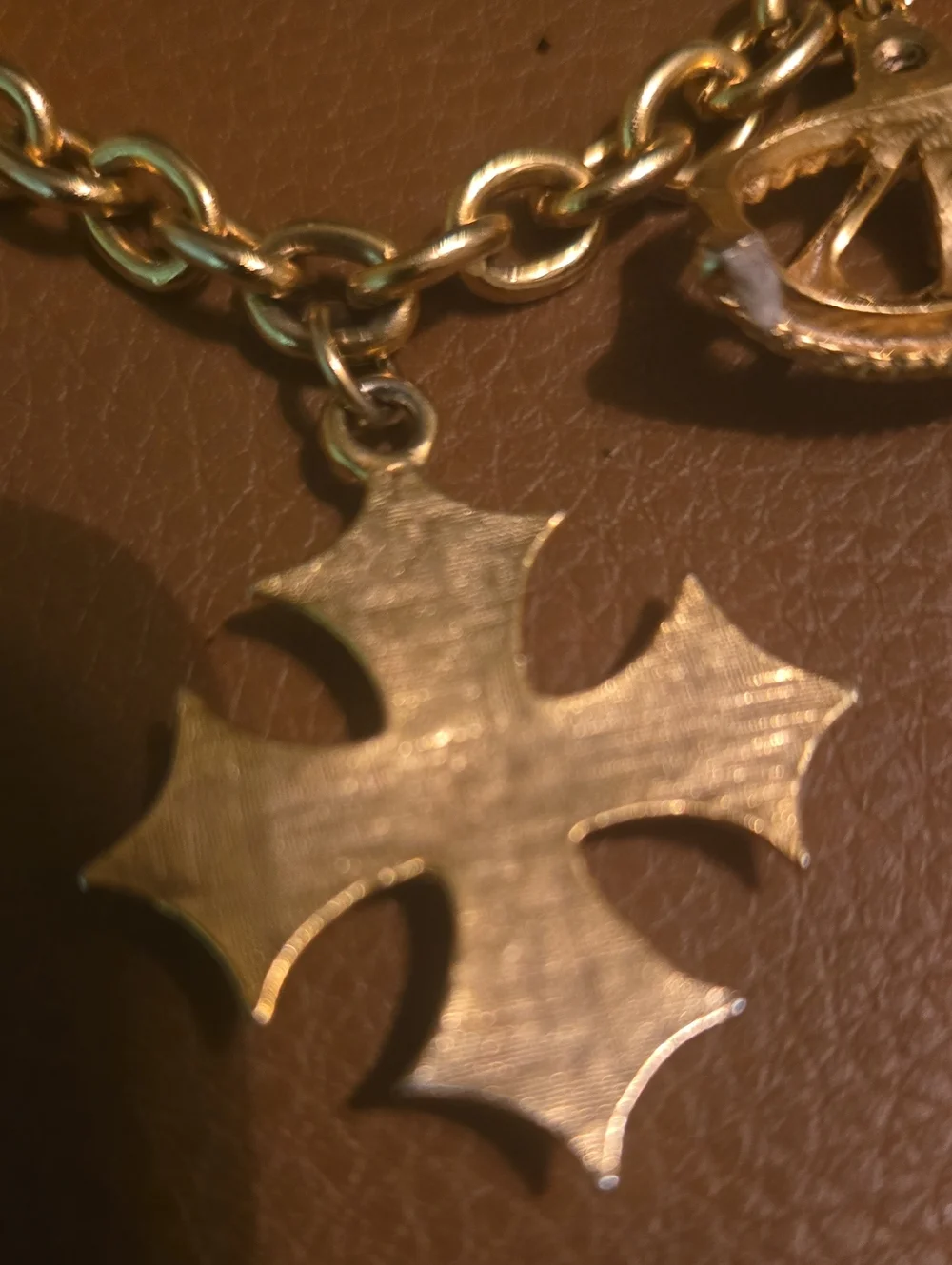 Gold-Tone Key & Charm Card Holder Accent with Green Gem and Cross Pendant
